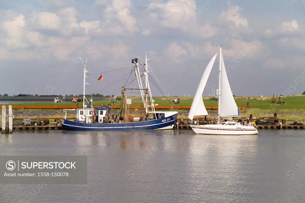 Germany, East Frisia, northern dike, harbor, fisher_boat, sailboat,