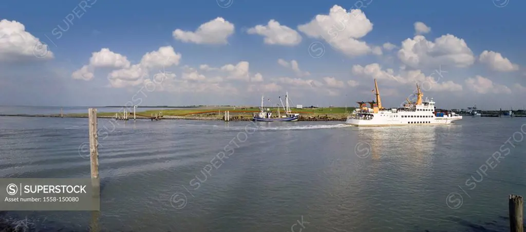 Germany, East Frisia, northern dike, ferry, harbor_entrance,