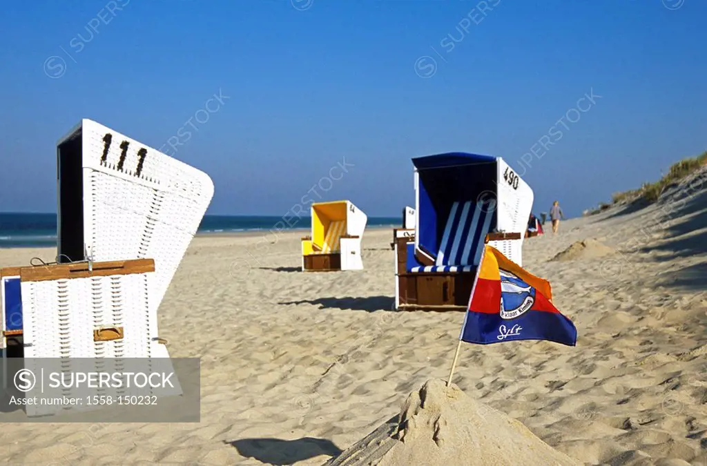 Germany, Schleswig_Holstein, island Sylt, Rantum, wicker beach chairs, Sylt_Fahne, Northern Germany, northern North Frisia, North_Frisian islands, bea...