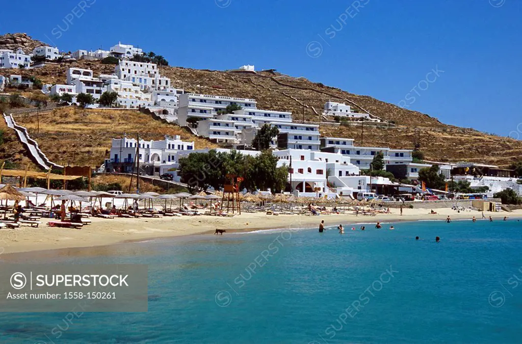 Greece, Cyclades, island Mykonos, Agios Stefanos, locality perspective, beach, destination, Mediterranean_island, sea, Mediterranean, sandy beach, dec...