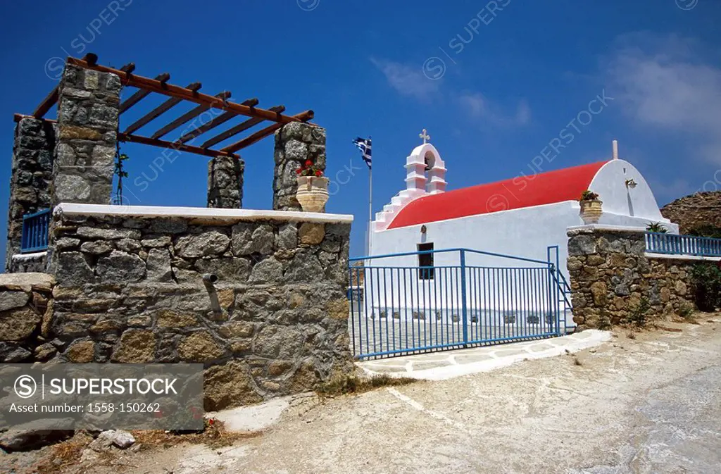 Greece, Cyclades, island Mykonos, Agios Stefanos, church, wall, fence, gate, destination, Mediterranean_island, sea, Mediterranean, tourism, sight, Lo...