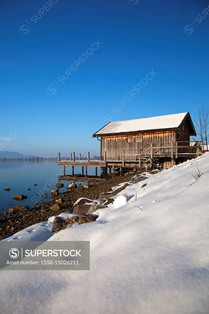 Boat huts at the lake Kochelsee, Kochel am See, Upper Bavaria, Bavaria, Germany,