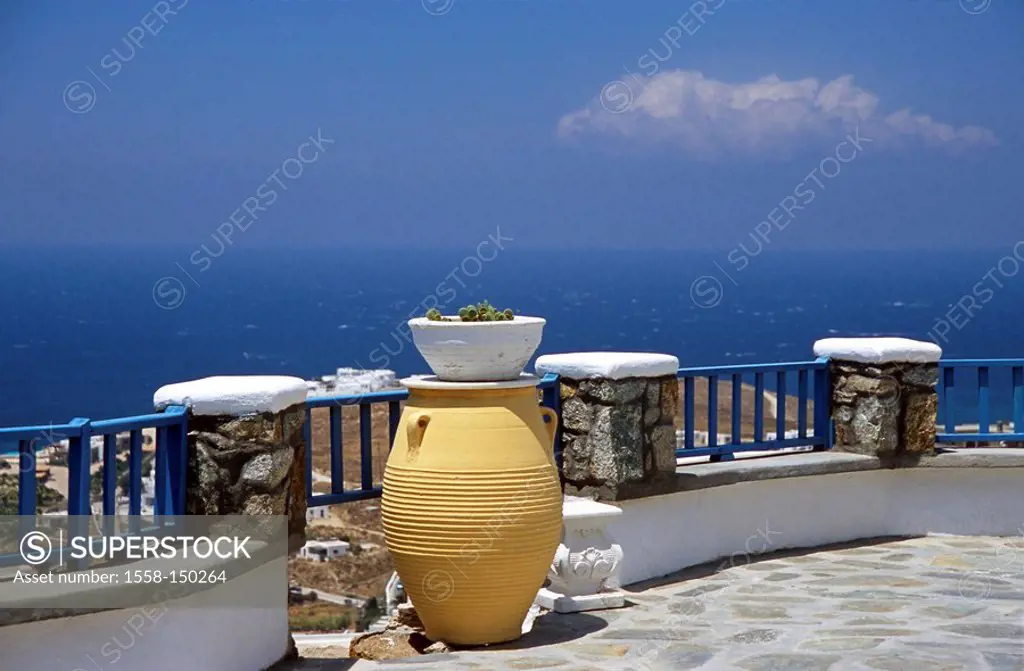 Greece, Cyclades, island Mykonos, Agios Stefanos, terrace, vase, sea view, destination, Mediterranean_island, tourism, view, wideness, distance, sea, ...