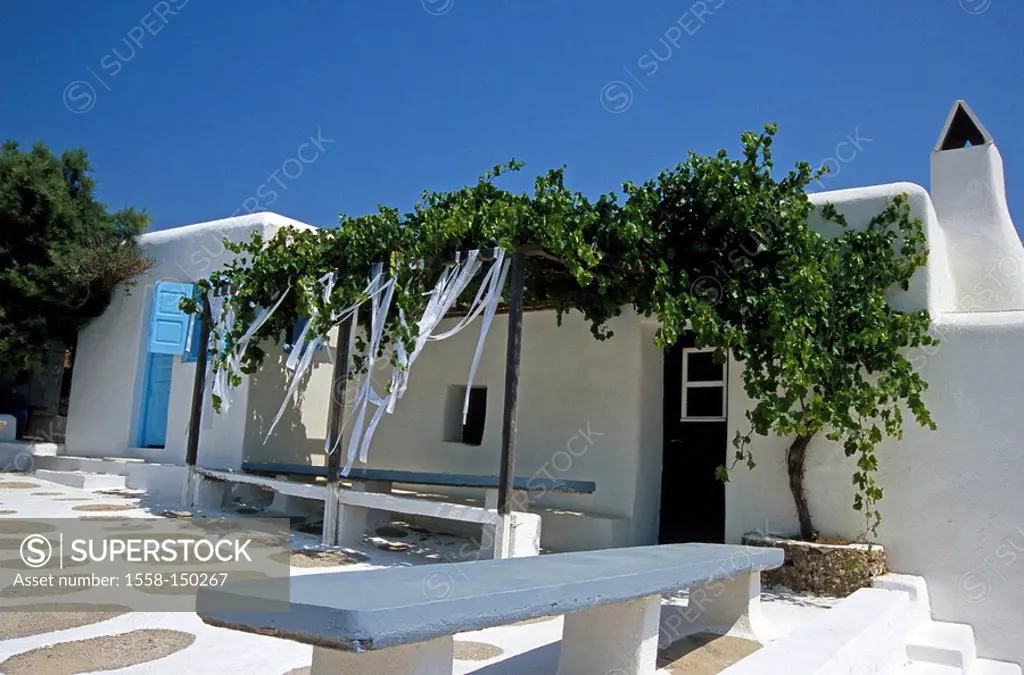 Greece, Cyclades, island Mykonos, Agios Sostis, churchcourt, seat_benches, vines, ribbons, destination, Mediterranean_island, tourism, architecture, b...