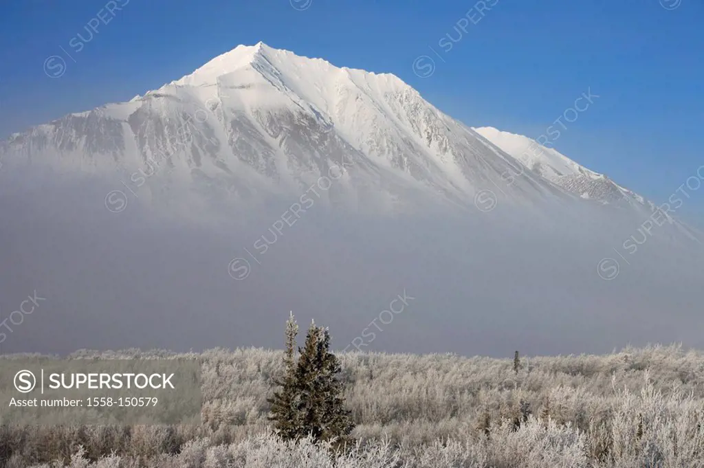 Canada, Alaska, Yukon Territory, Kluane national_park, fog, winter, North America, mountain scenery, landscape, mountains, mountains, snow, cold, seas...