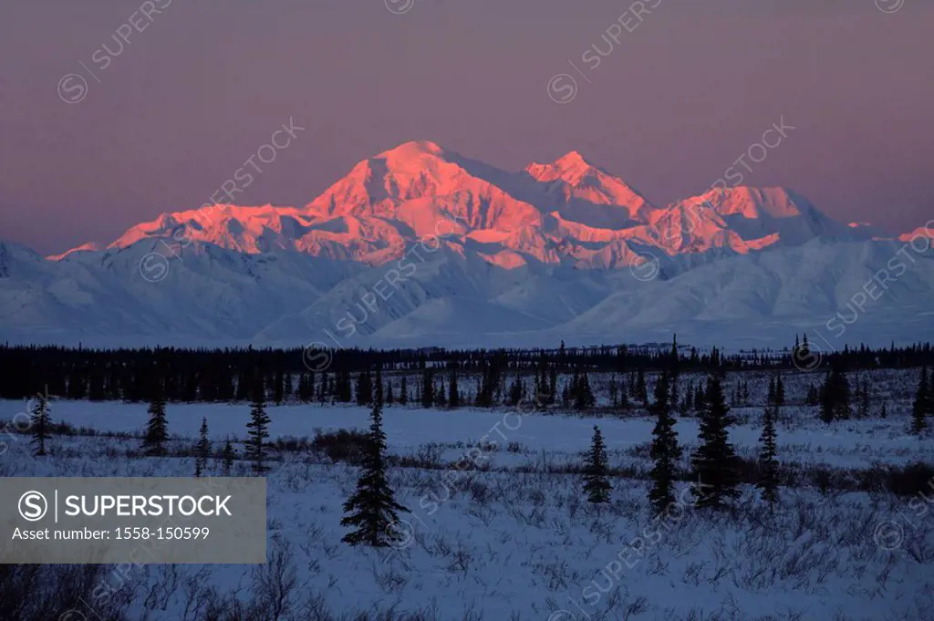 Canada, Alaska, Denali national_park, Mount Mc Kinley, 6194 m, sunrise, winter, North America, mountain scenery, winter_landscape, mountains, mountain...