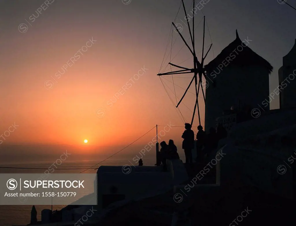 Greece, Cyclades, island Santorin, Oia, windmill, tourists, silhouette, sunset, lake,Aegean, coast, rise, mill, people, together, views, enjoying, sun...