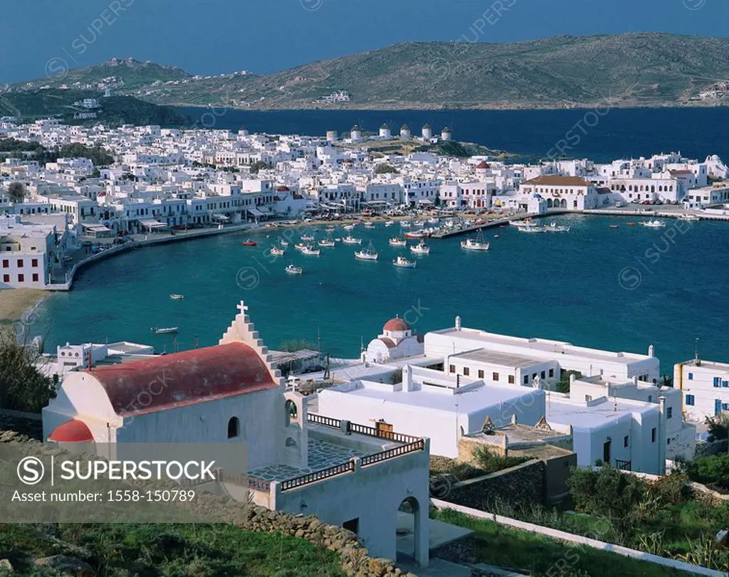 Greece, Cyclades, island Mykonos, Mykonos_Chora, city_overview, harbor, boats, promenade, lake,Aegean, coast, coast_city, city, Mykonos_city, overview...