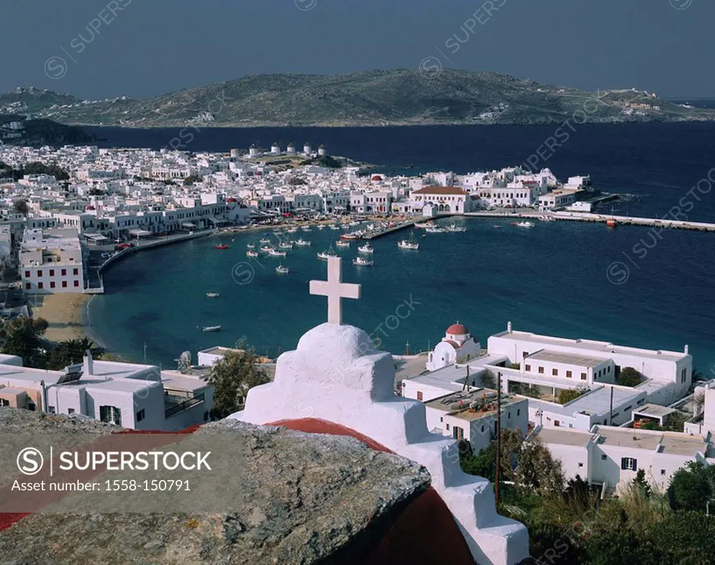 Greece, Cyclades, island Mykonos, Mykonos_Chora, city_overview, harbor, boats, promenade, lake,Aegean, coast, coast_city, city, Mykonos_city, overview...