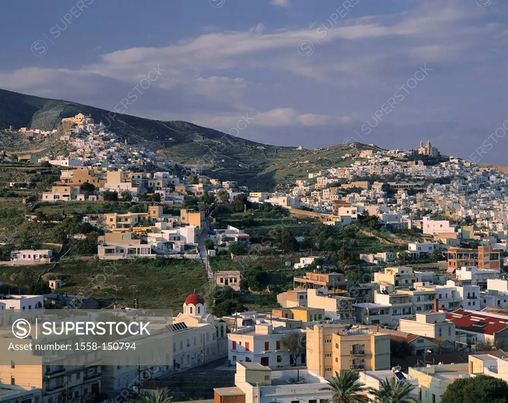 Greece, Cyclades, island Syros, Ermoupolis, city_overview, dusk, Aegean, coast, coast_city, city, overview, hills, twin_hills, houses, churches, vacat...