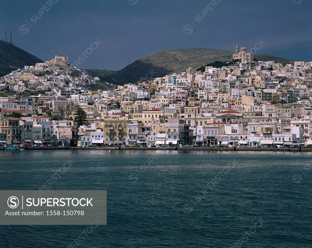 Greece, Cyclades, island Syros, Ermoupolis, city view, lake,Aegean, coast, coast_city, city, hills, twin_hills, houses, churches, promenade, shore_pro...