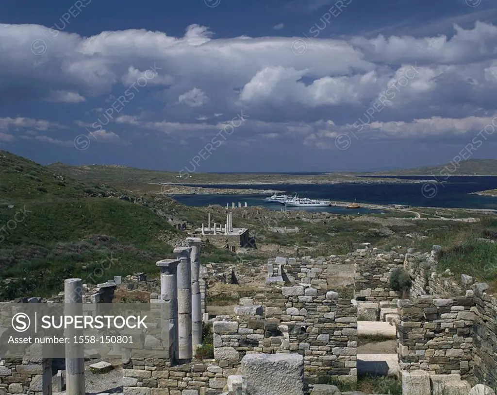 Greece, Cyclades, island Delos, excavation_place, ruins, harbor, lake,clouded sky, Aegean, coast, coast_landscape, bay, sea_bay, culture, archaeology,...
