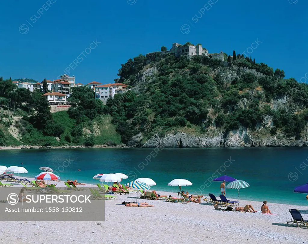 Greece, Parga, city view, gravel beach, swimmers, hills, castle, Erimokastro, lake,West coast, coast, rock_coast, bay, coast_city, port, city, beach, ...