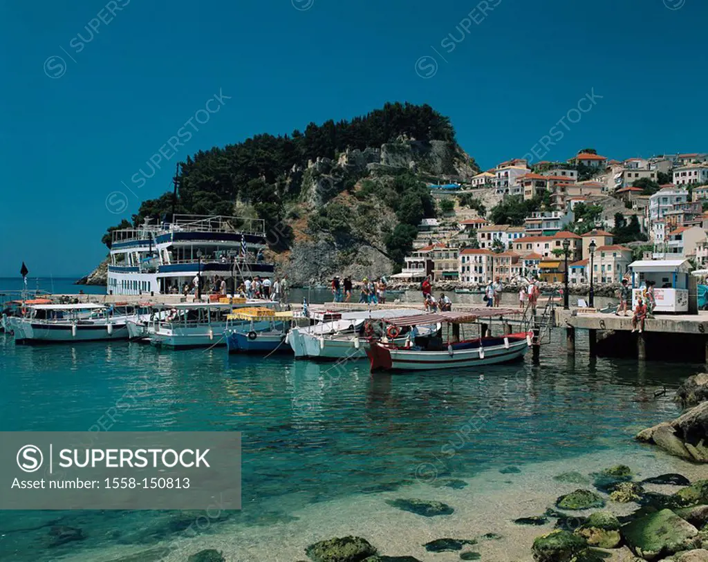 Greece, Parga, city view, harbor, promenade, boat_bridge, tourist_boat, passers_by, lake,West coast, coast, rock_coast, bay, coast_city, port, city, c...