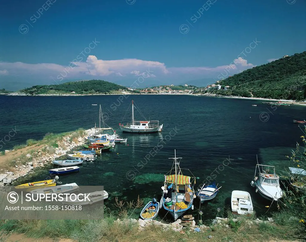 Greece, island Corfu, Kassiopi bays, harbor fisher_boats, lake,coast, locality perspective, hills, forest, landing place, nature_harbor, fisher_harbor...