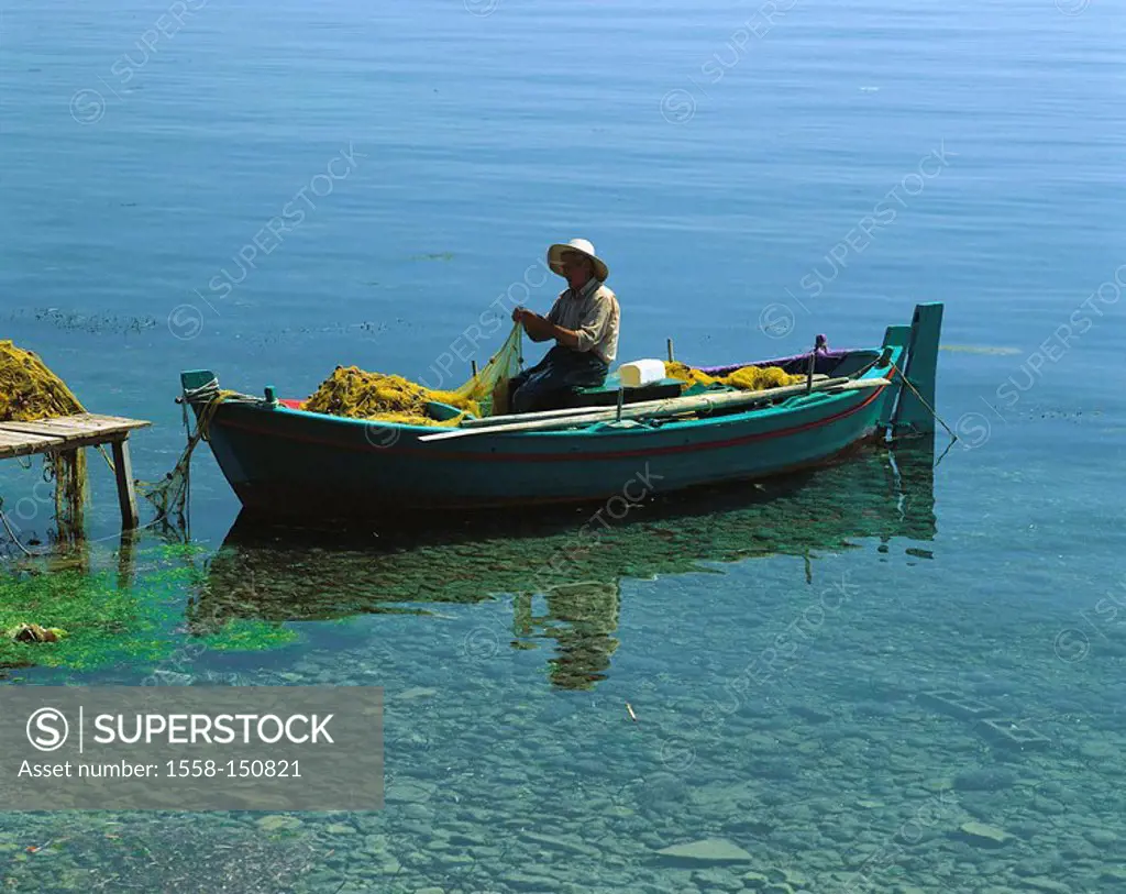 Greece, island Corfu, bridge rowboat fishers net, lake,coast, economy, haul, occupation, man, old, senior, sitting, boat, fisher_boat, boat_bridge, la...