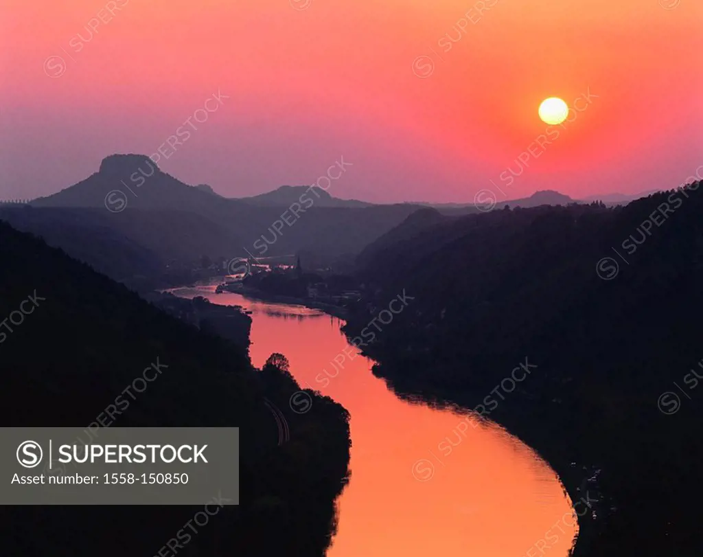 Germany, Saxony, Bad Schandau, Elbe, sunset, Elbsandstein_mountains, river_landscape, river, evening_sun, evening_mood, silence, silence, romanticism,...