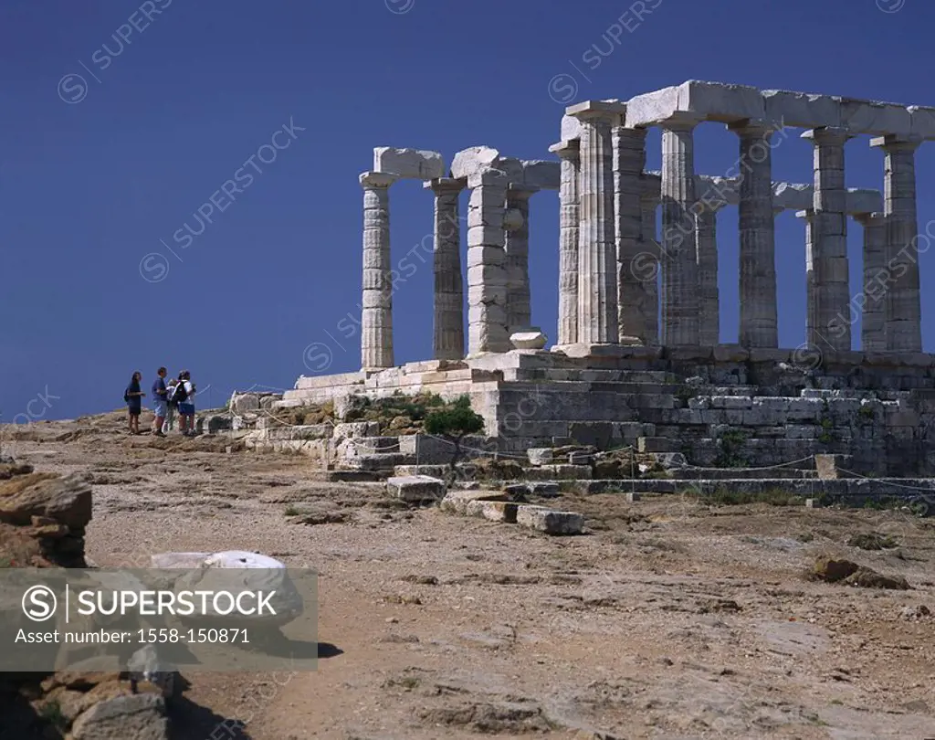 Greece, Attika, cape Sounion, Poseidon_temple, visitors, coast, southeast_cape, archaeology, excavation_place, culture, temple_ruin, ruin, fragments, ...