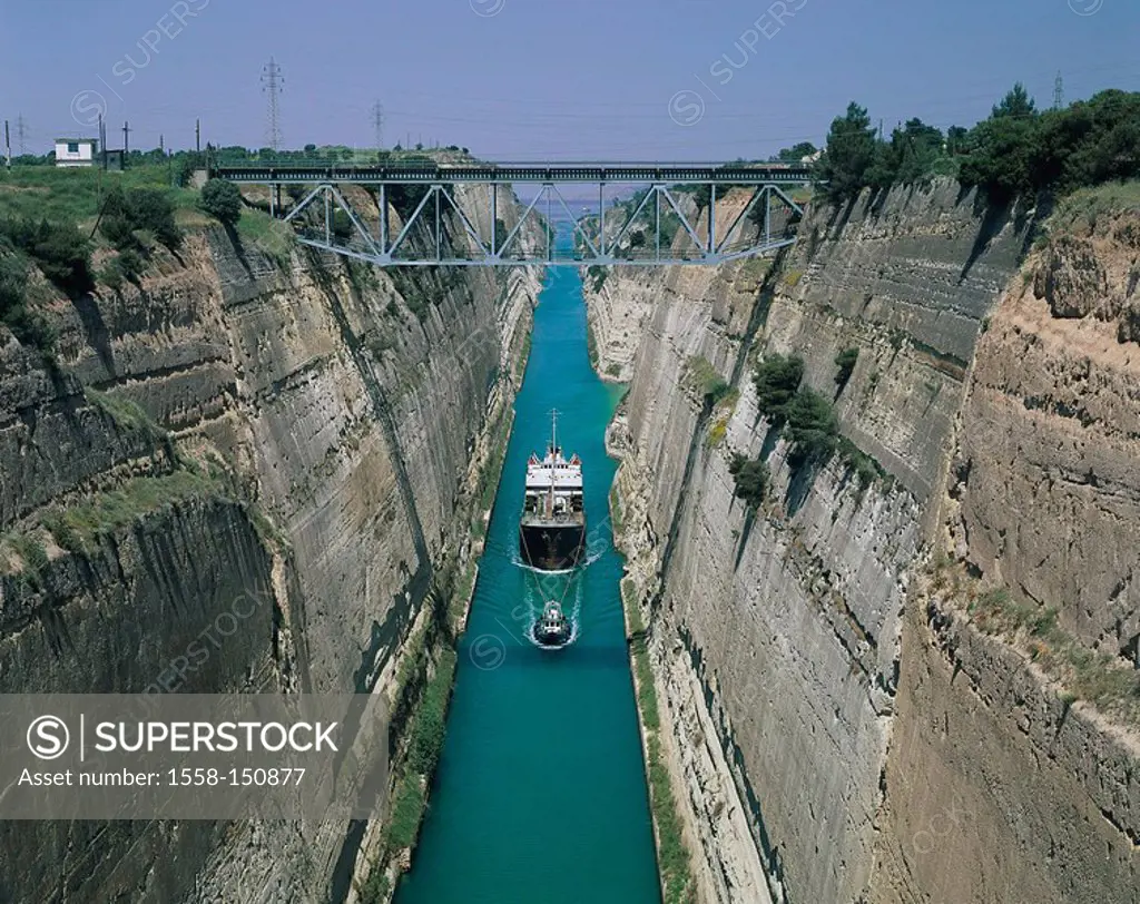 Greece, canal of Corinth, ship, pilot_boat, shipping, waterway, connection, passage, ship_passage, pass, crossing, cut, rockfaces, steep_walls, canal,...