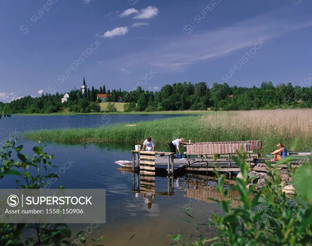 Finland, Ristijna, lake,bridge, women, carpets, summer, cleans waters, wood_bridge boat_bridge landscape, village church, forest, reed, people, Flecke...
