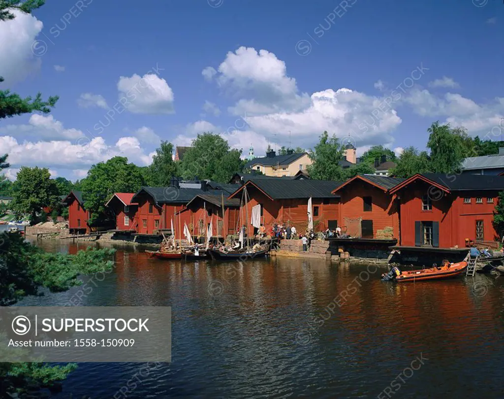 Finland, Porvoo, locality perspective, storage_houses, boats, river, clouded sky, Borga, waters, shore, riversides, storehouses, barns, framehouses, r...
