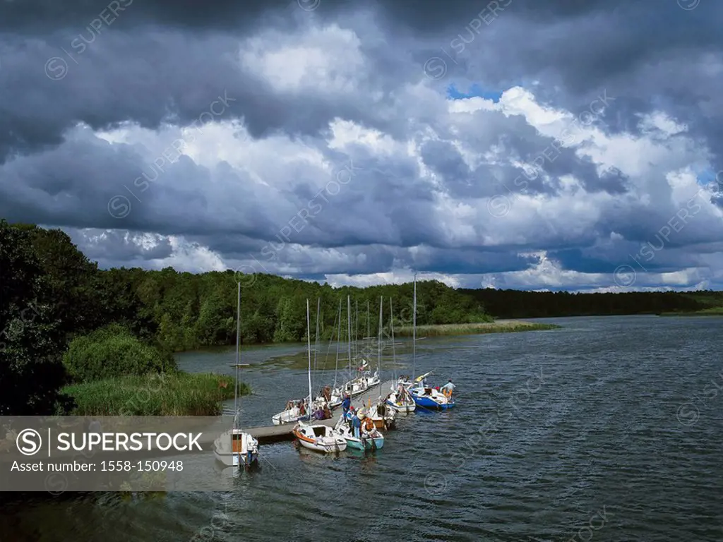 Poland, Masuria, wall_lake,bridge, sailboats, clouded sky, wall_lake,lake,jetty, boat_bridge, boats, anchors, aims, sailing, sailing trip, boat_tour, ...