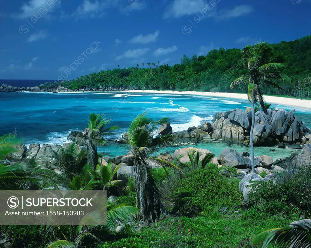 Seychelles, island, La Digue, Anse Coco, bay, beach, rocks, surf, lake,island state, island_group, coast, sandy beach, vegetation, palms, bushes, tree...