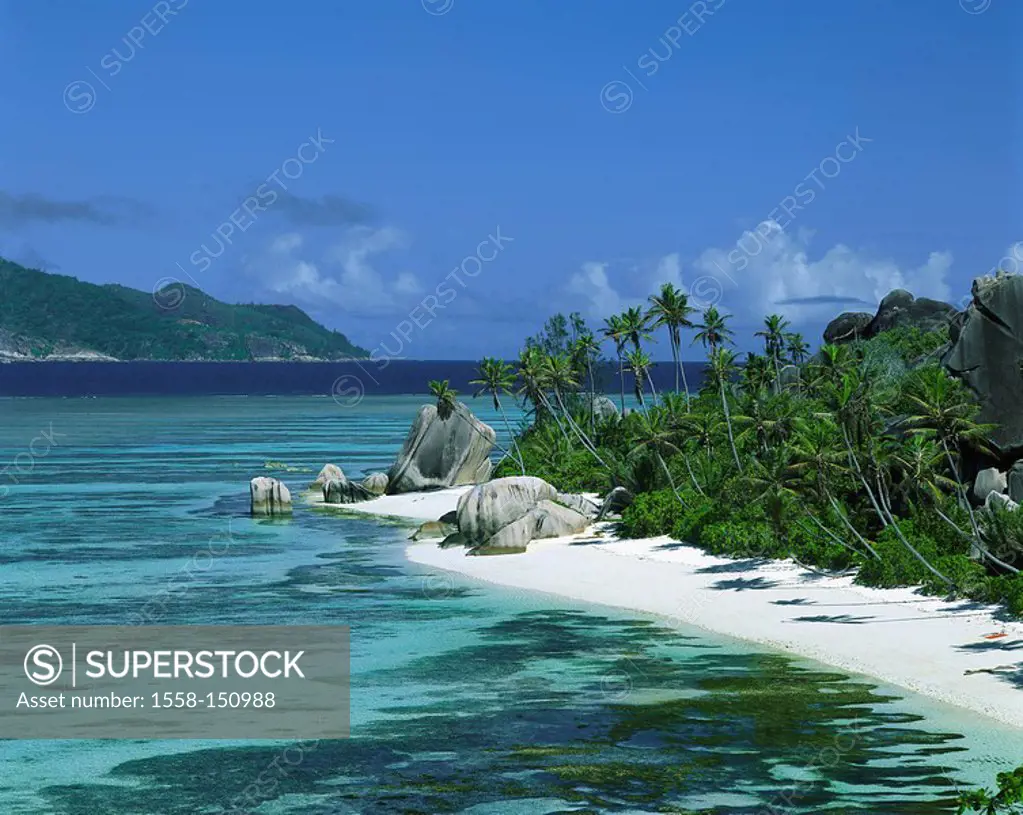 Seychelles, island, La Digue, Source d´Argent, palm_beach, rocks, lake,overview, island state, island_group, coast, coast_landscape, landscape, sandy ...
