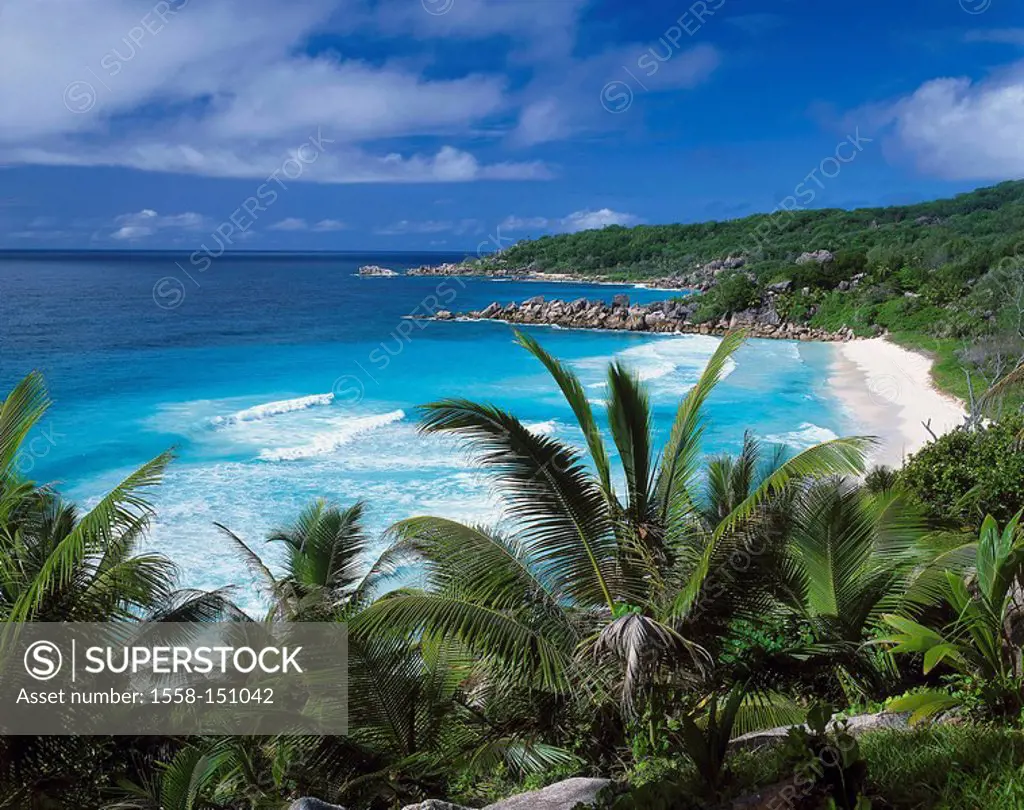 Seychelles, island, La Digue, vegetation, gaze bay, sandy beach, Petit Anse, rocks, lake,island state, island_group, view, coast_landscape, surf, coas...