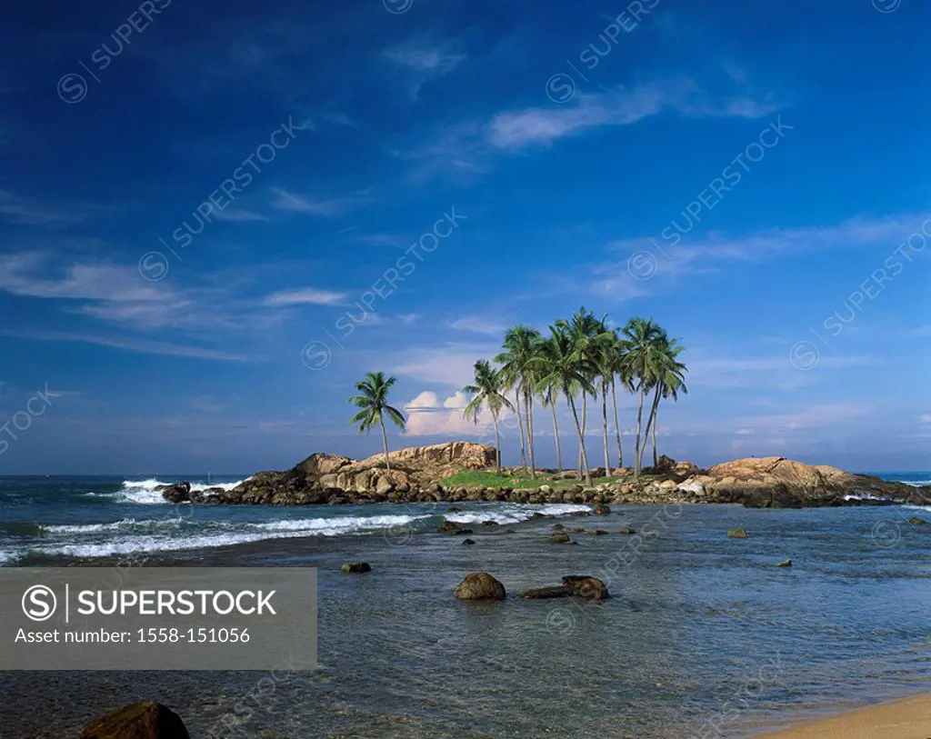 Asia, Sri Lanka, coast, beach, lake,gaze rock_island palms South_Asia island state sandy beach, islets, island, small, uninhabited, offshore, palm_isl...