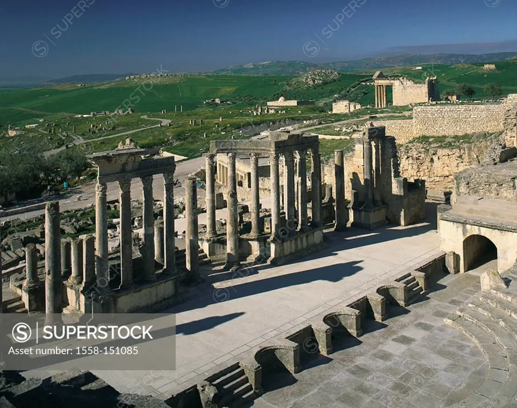 North_Africa, Tunisia, Dougga, ruin_place, theaters, landscape, Africa, Maghreb_countries, Thugga, hill_landscape, hills, culture, excavation_place, r...
