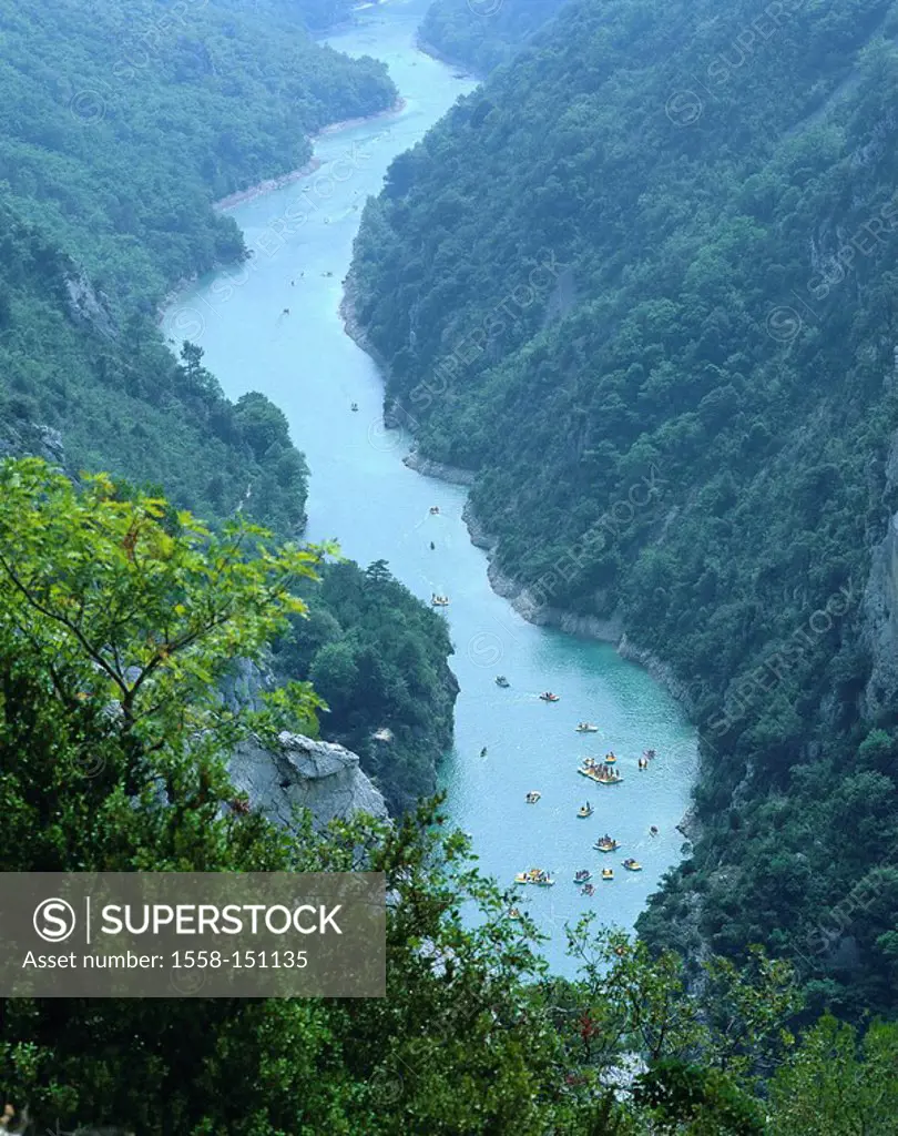 France, Provence, department Alpes_de_Haute_Provence, Grand Canyon du verdon, river boats, mountainsides, steep_hillsides, forested, forest, canyon, V...