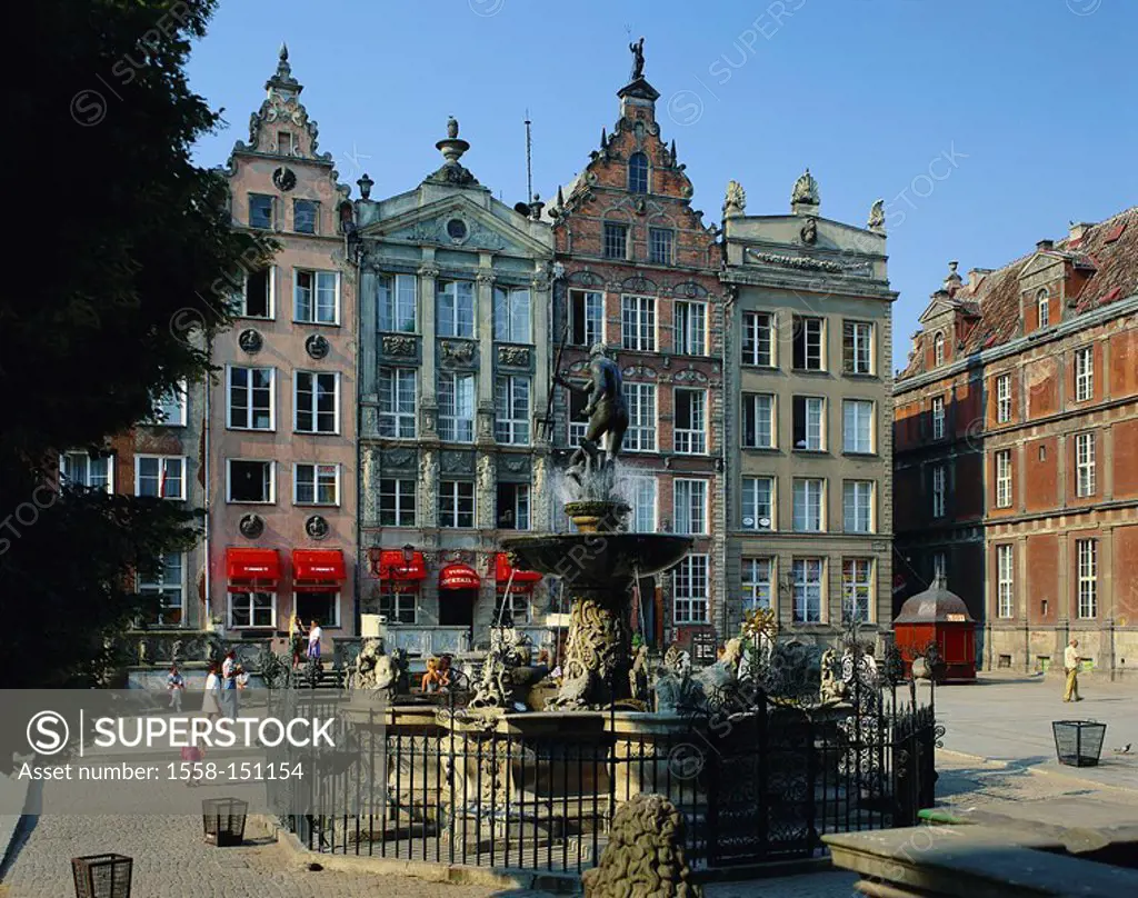 Poland, Danzig, Old Town, gable_houses, Fontana del Nettuno, Gdansk, houses, residences, facades, different, architecture, place, wells, well_figure, ...