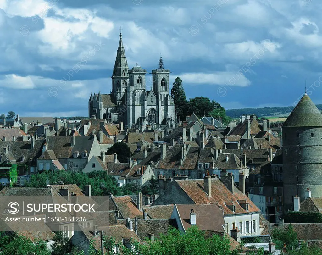 France, Burgundy, department Cote_d´Or, Semur_en_Auxois, city view, clouded sky, city, architecture, medieval, construction, historically, church, Not...