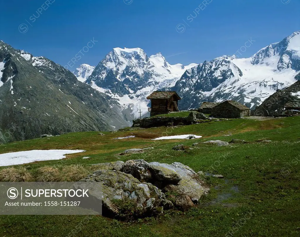 Switzerland, Wallis, Val D´Herens, Alp de Pra Gra mountain huts Eringer_Valley mountain scenery, mountains, high mountain regions, shelters, alms, woo...
