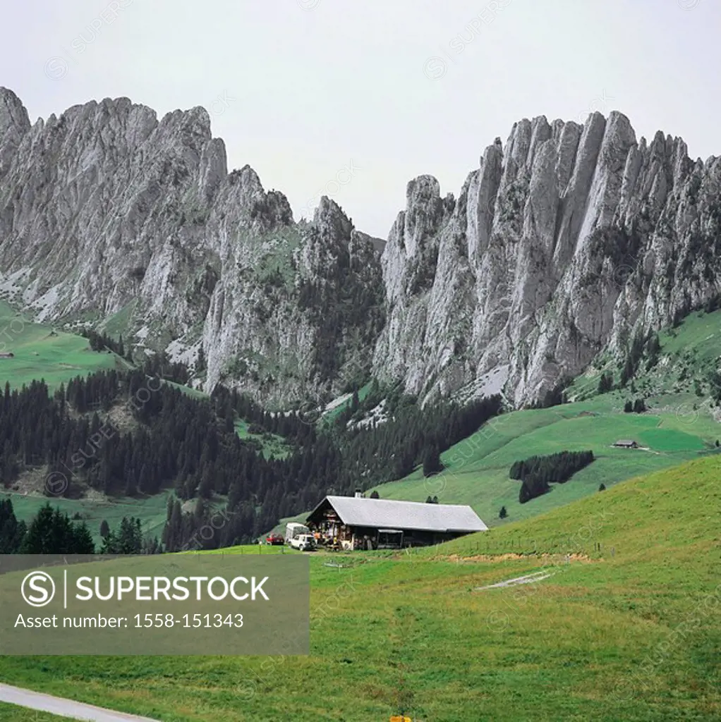 Switzerland, Jaunpass, cottage, summer, Alps, Jauntal, mountains, mountains, alm, Alm, destination, symbol, isolation, silence, silence, idyll, Alpine...