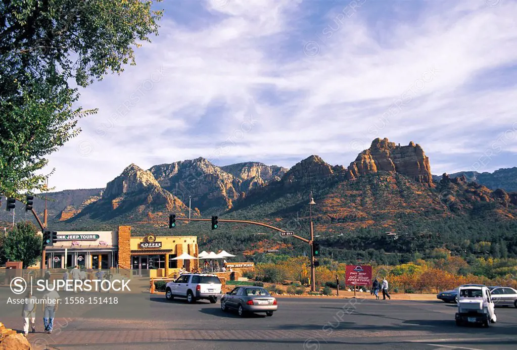 usa, Arizona, Sedona, streets, businesses, cars, tourists, North America, city, stores, people, tourist attraction, streets scenery, traffic, vehicles...