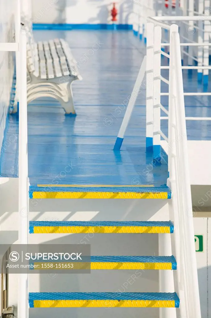 Ship, detail, stairway, bench, trips, ship_trip, ferry, ferryboat, deck, outside, outside_deck, steps, marking, yellow, blue, deserted, shipping,