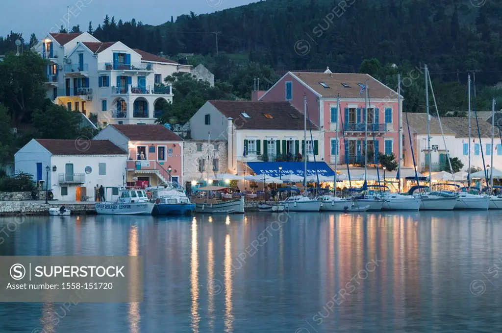 Greece, Ionic islands, island kefalonia, Fiskardo, locality perspective, harbor, evening, Europe, Mediterranean_island, village, fisher_village, house...
