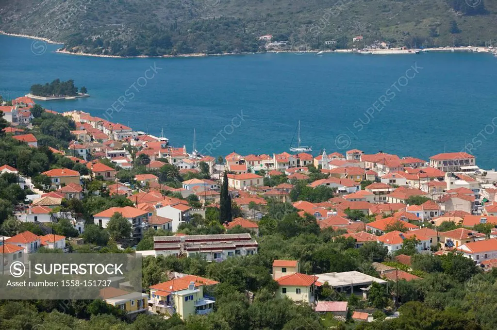 Greece, Ionic islands, Ithaka, Vathi, city_overview, Europe, Mediterranean_island, destination, island_capital, city, harbor, port, houses, roofs, ove...
