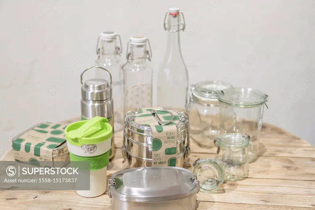 Reusable glass bottles and lunchboxes from the unpackaged 'Stückgut' shop, Altona, Hamburg, Germany