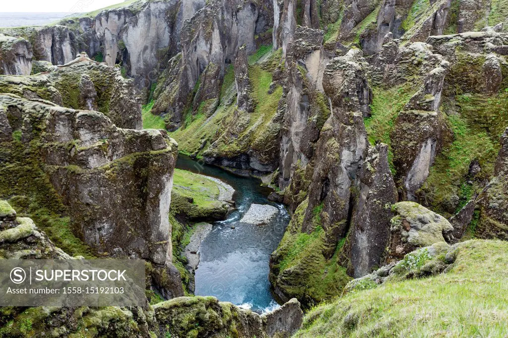 Fjaorargljufur Canyon, Iceland, about 100 meters deep and about two kilometers long