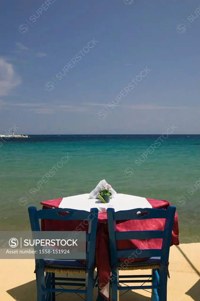 Greece, island samos, Kokkari, beach, restaurant, table, chairs, Europe, Mediterranean_island, destination, tourism, sea, Mediterranean, Aegean, water...