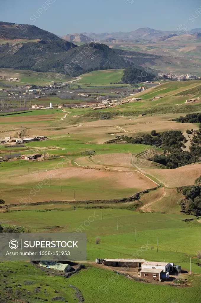 Morocco, Azrou, field_landscape, mountains, Africa, North_Africa, landscape, nature, hilly, hills, fields, meadows, houses, view, wideness, distance, ...