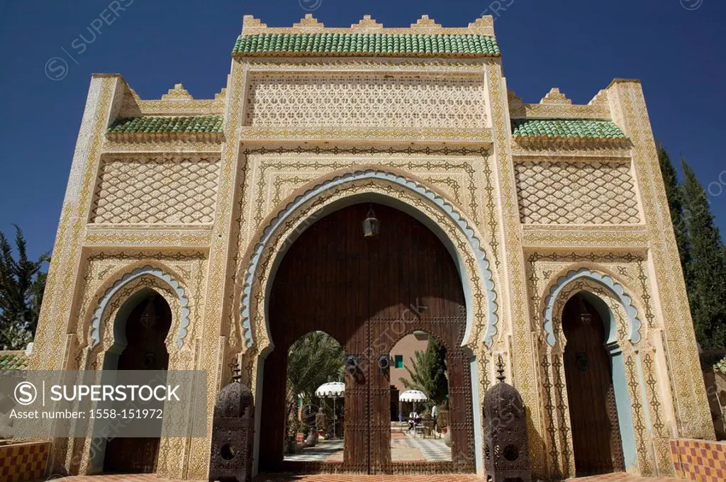 Morocco, Tafilalt, Rissani, hotel Kasbah asmaa, main entrance, Africa, North_Africa, destination, tourism, Hotellerie, buildings, hotel_buildings, arc...
