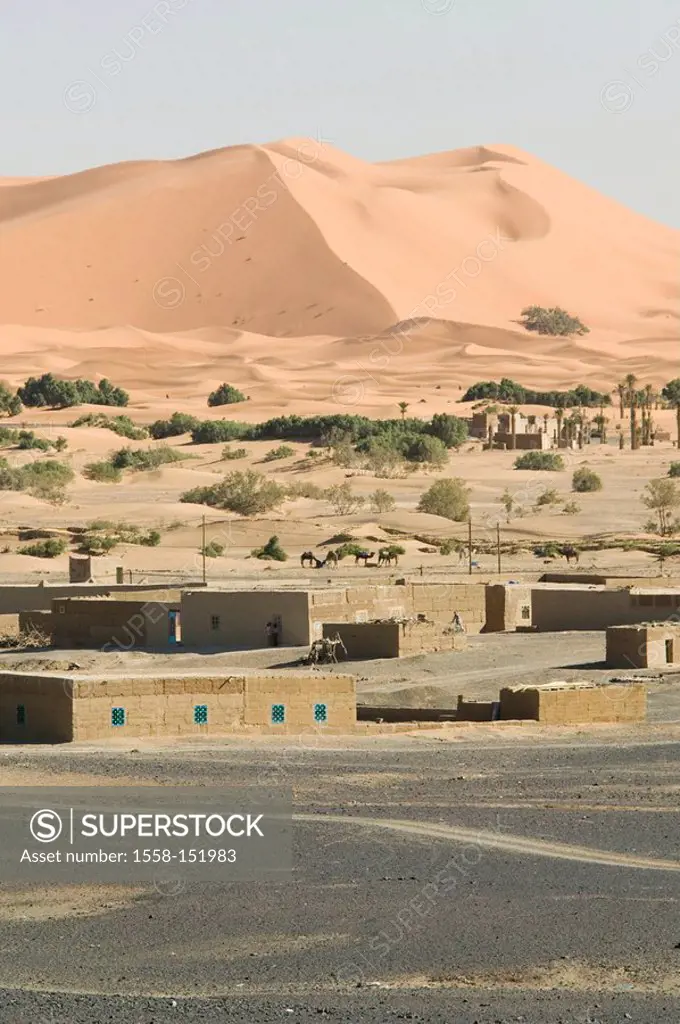 Morocco, Tafilalt, Merzouga, houses, background, erg chebbi dunes, Africa North_Africa, Sahara, city, houses, clay_construction_manner, landscape, dun...