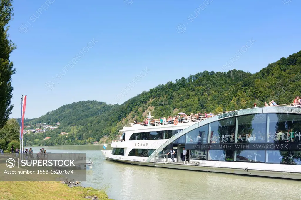Vichtenstein, passenger ship Kristallschiff made with Swarovski Crystals at jetty in Kasten at Danube, Donau, Upper Austria, Austria
