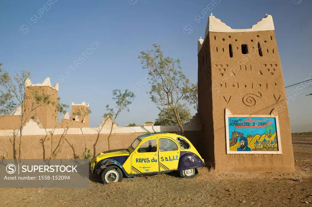 Morocco, Draa_Valley, Tamegroute, buildings, wall, advertising_sign, car, Africa, North_Africa, desert_village, Kasbah, hotel, buildings, architecture...