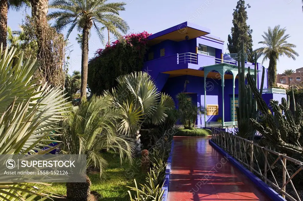 Morocco, Marrakech, Jardin Majorelle, museum, garden, Africa, North_Africa, destination, sight, sunny, plants, buildings, house, facade, blue, outside...