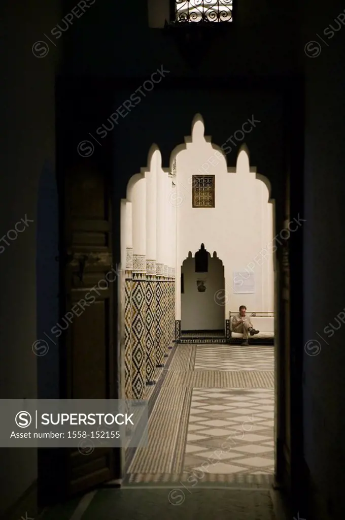Morocco, Marrakech, madrassa, Ali Ben Youssef, Medersa, detail, man, Africa, North_Africa, destination, city, Old Town, sight, buildings, construction...